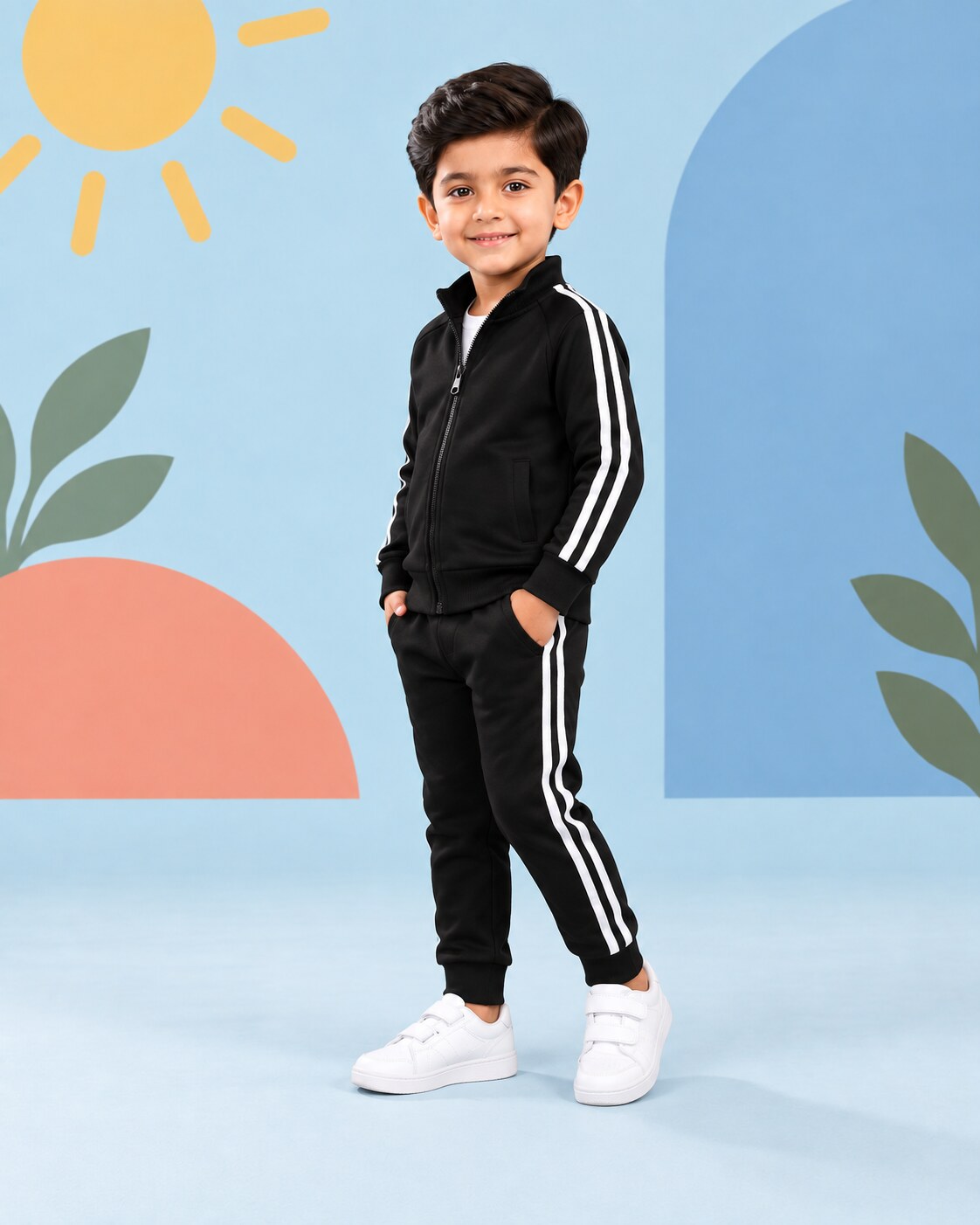 Kids Winter Stripe Tracksuit 3pcs - Black - side angle