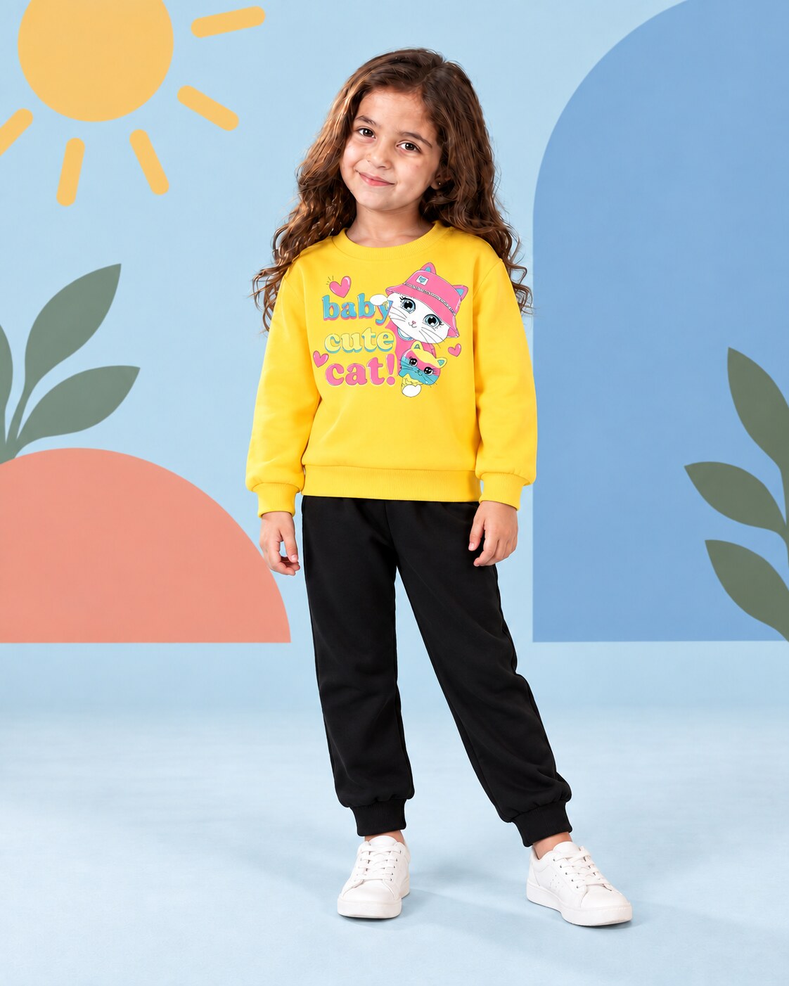 Kids Winter Sweat Shirt Set | Baby Cute Cat Printed - front standing