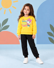 Kids Winter Sweat Shirt Set | Baby Cute Cat Printed - front standing