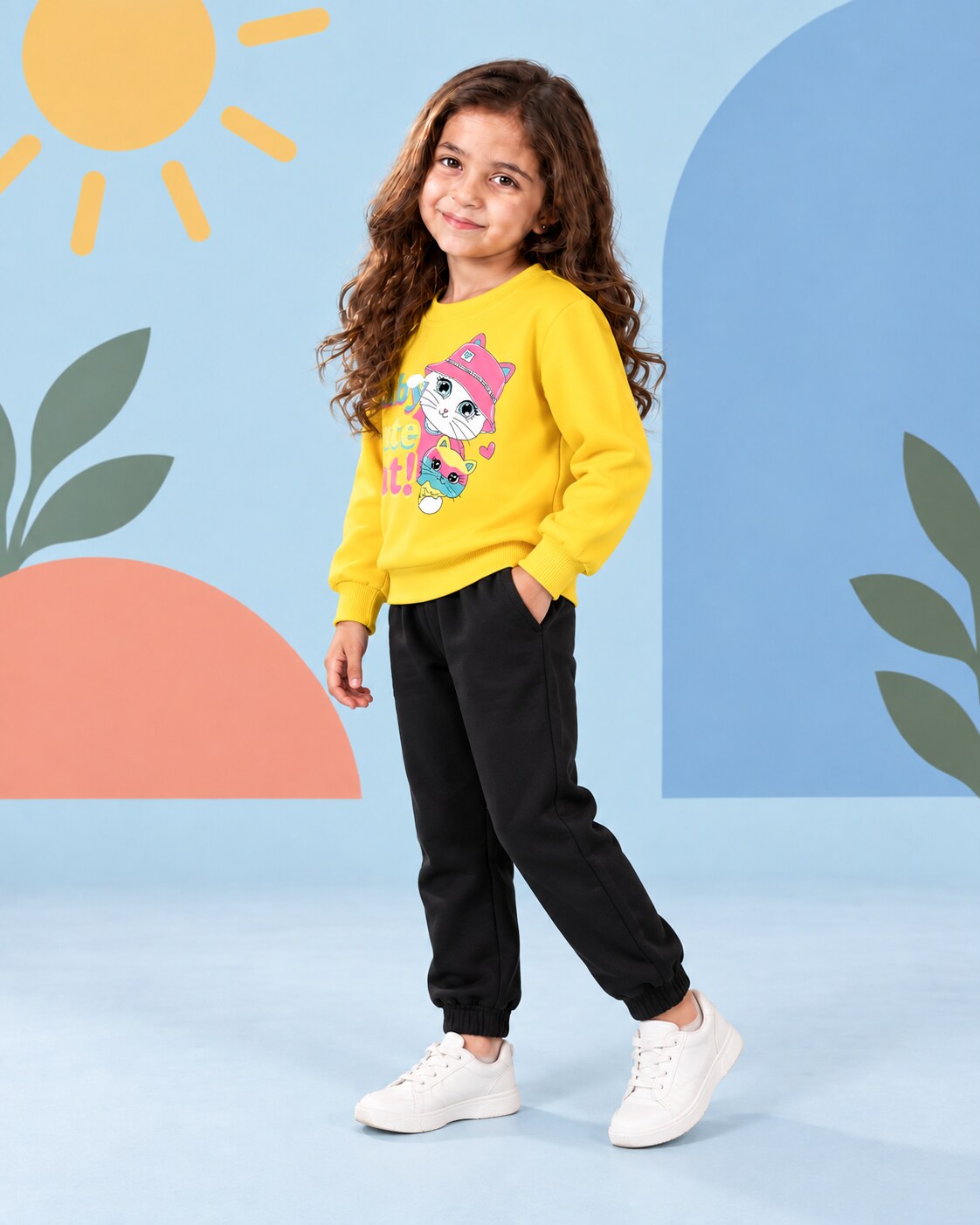 Kids Winter Sweat Shirt Set | Baby Cute Cat Printed - seated