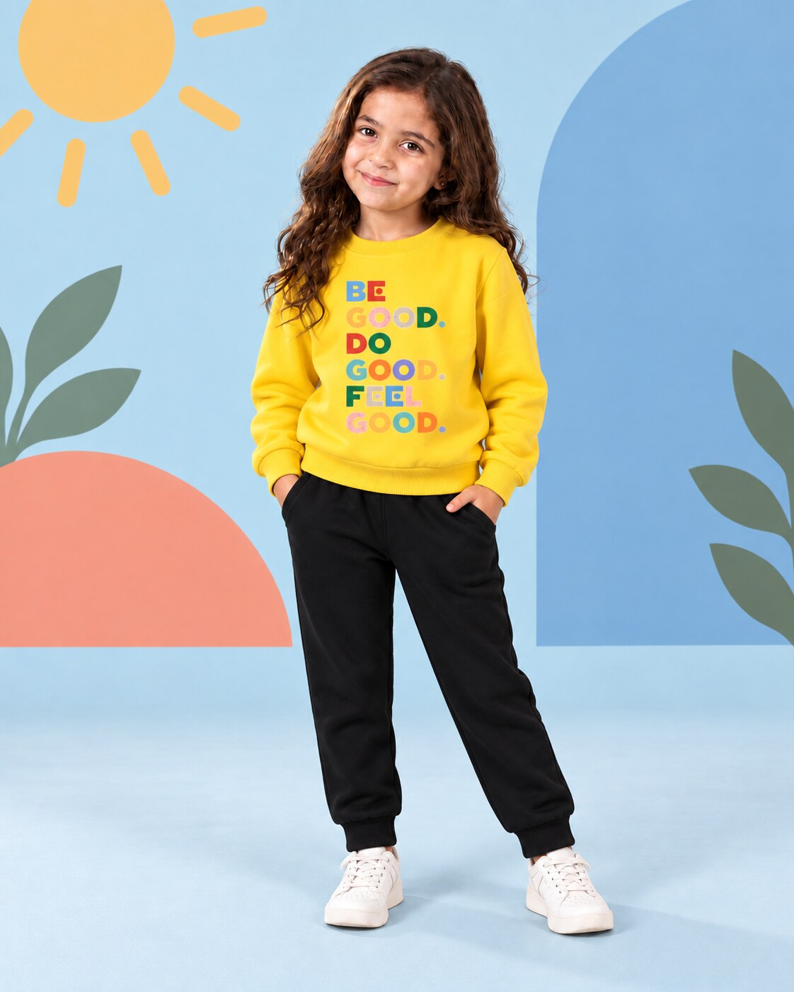 Kids Winter Sweat Shirt Set | Be Good Printed - front standing