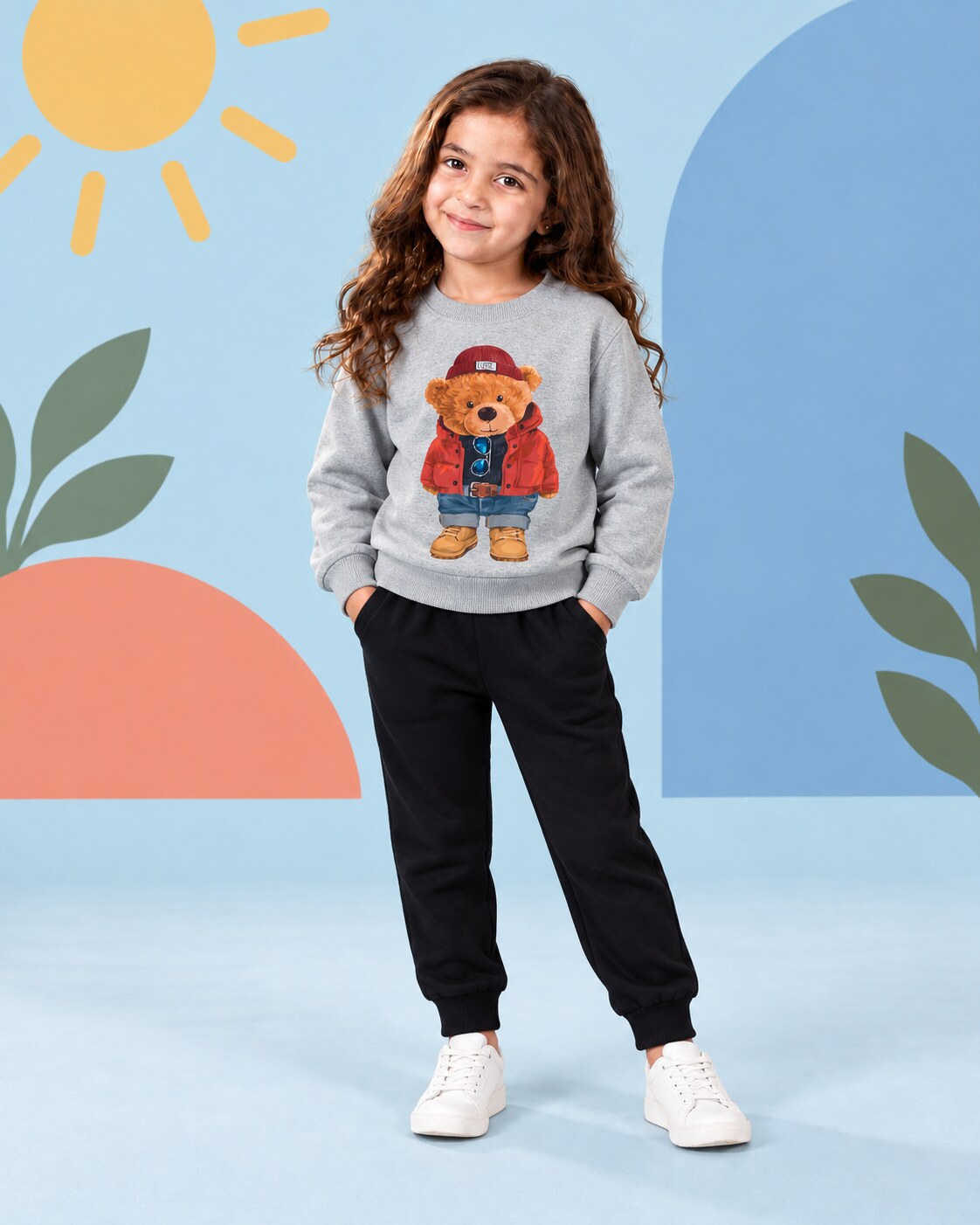 Kids Winter Sweat Shirt Set | Cute Bear Printed - front standing