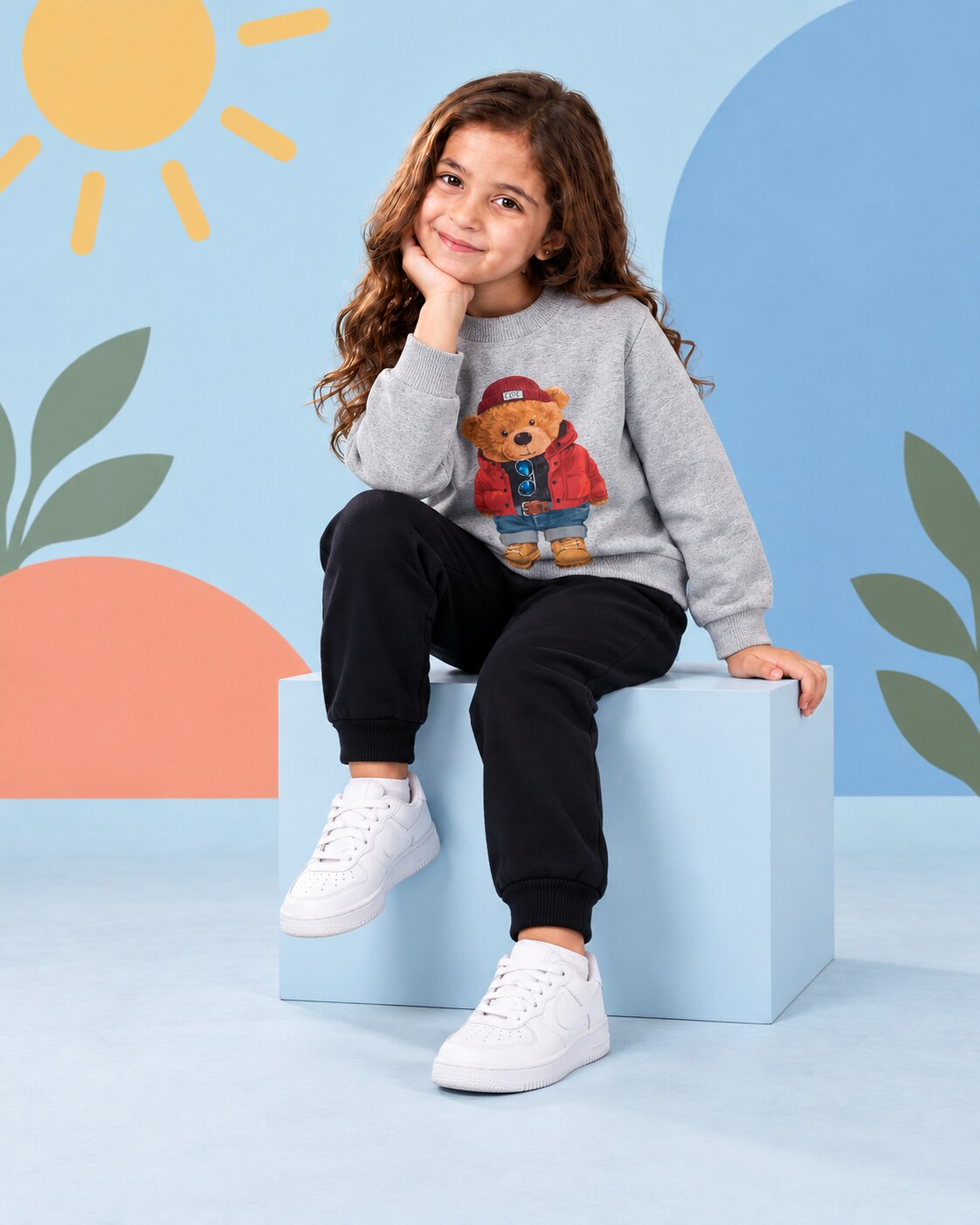Kids Winter Sweat Shirt Set | Cute Bear Printed - seated