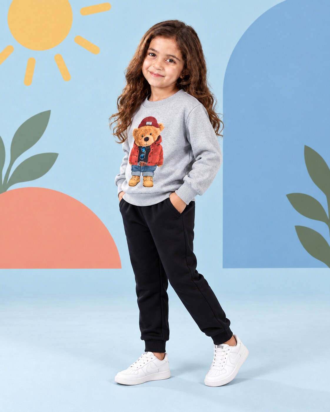 Kids Winter Sweat Shirt Set | Cute Bear Printed - side angle
