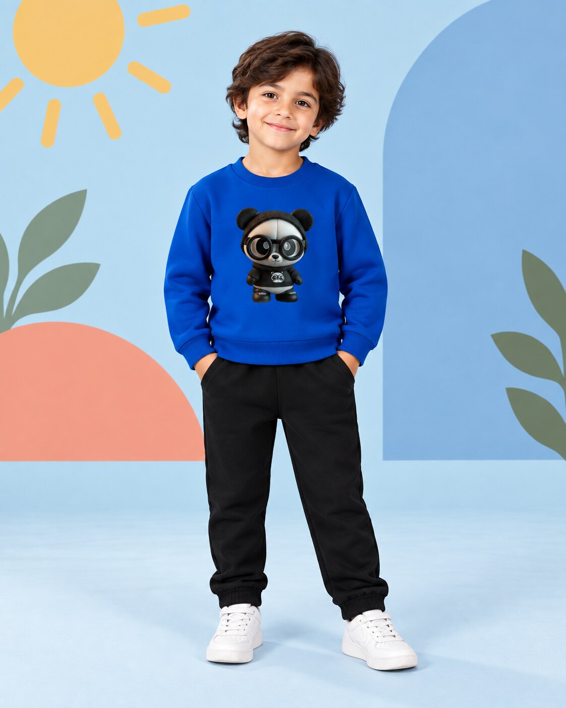 Kids Winter Sweat Shirt Set | Cute Panda Printed - front standing