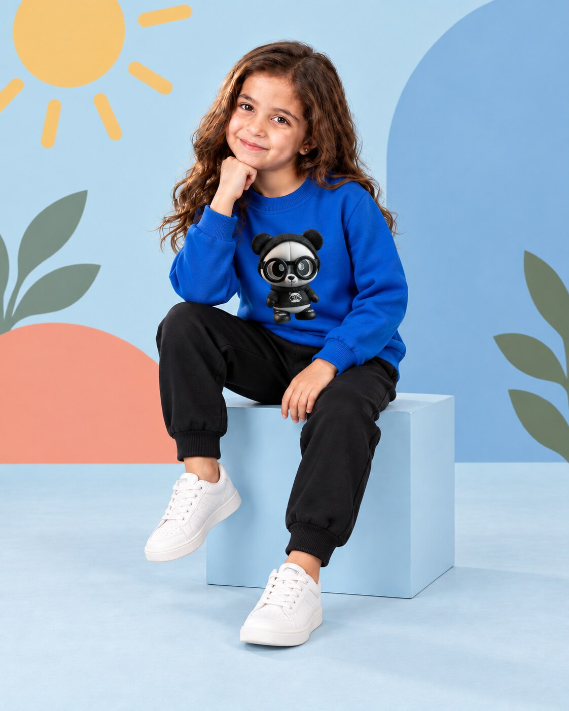 Kids Winter Sweat Shirt Set | Cute Panda Printed - seated
