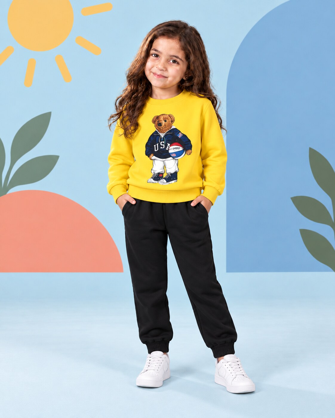 Kids Winter Sweat Shirt Set | Football Bear Printed - front standing