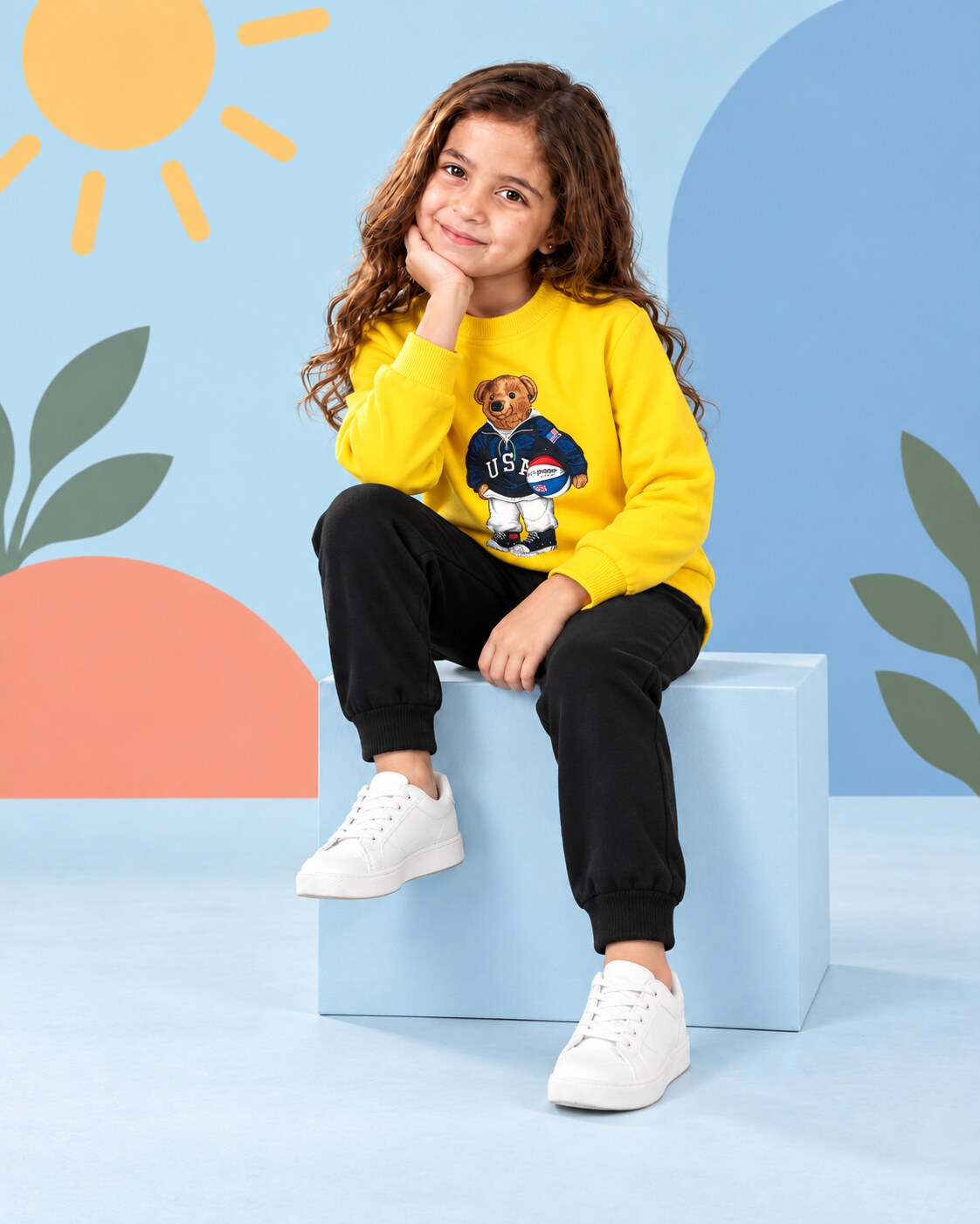 Kids Winter Sweat Shirt Set | Football Bear Printed - seated
