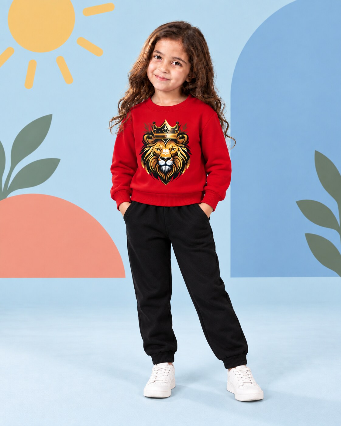 Kids Winter Sweat Shirt Set | Golden King Printed - front standing