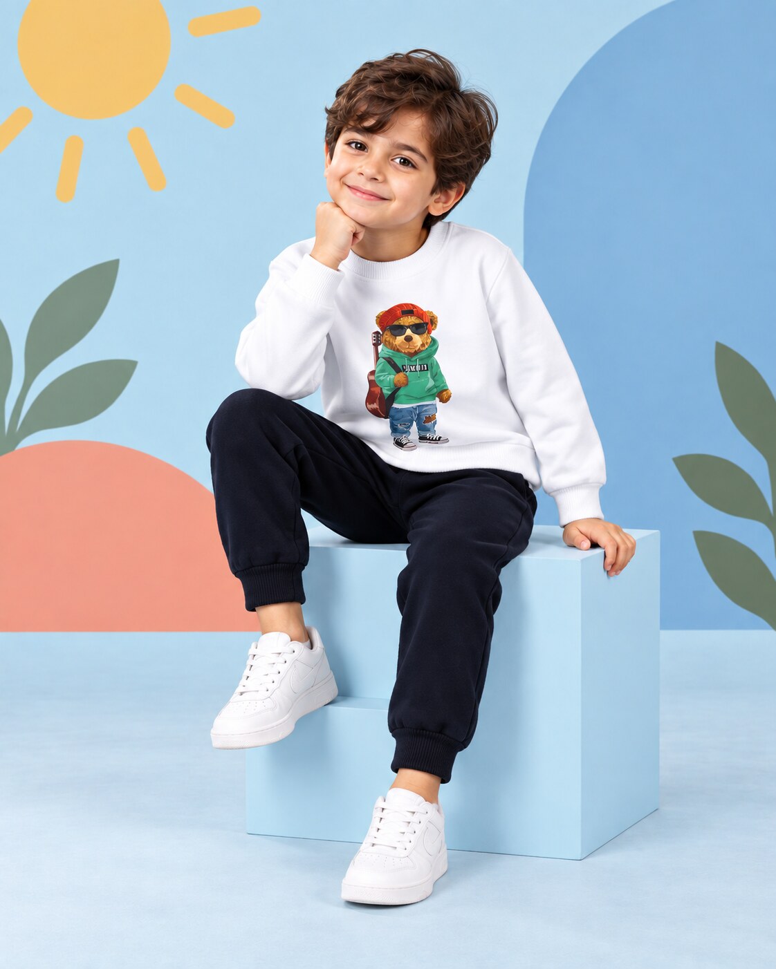 Kids Winter Sweat Shirt Set | Green Bear Printed - front standing