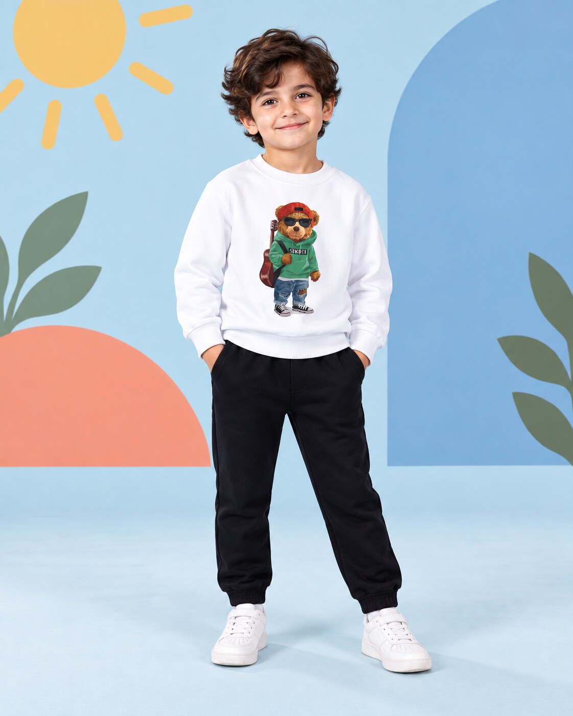 Kids Winter Sweat Shirt Set | Green Bear Printed - seated