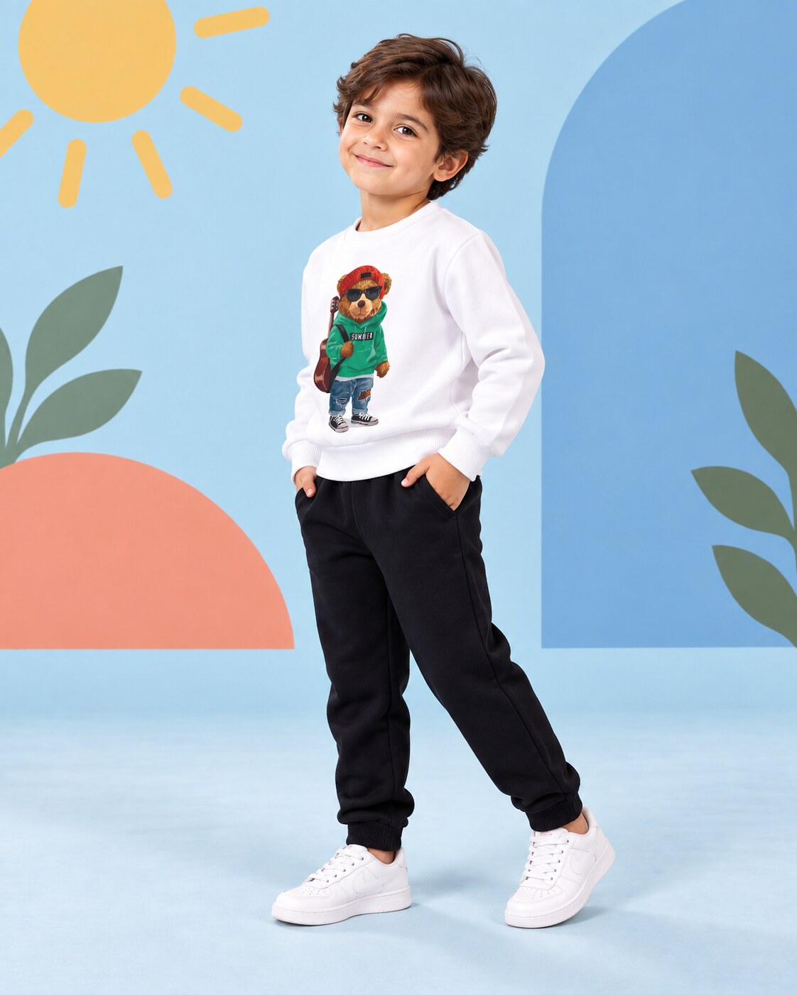 Kids Winter Sweat Shirt Set | Green Bear Printed - side angle