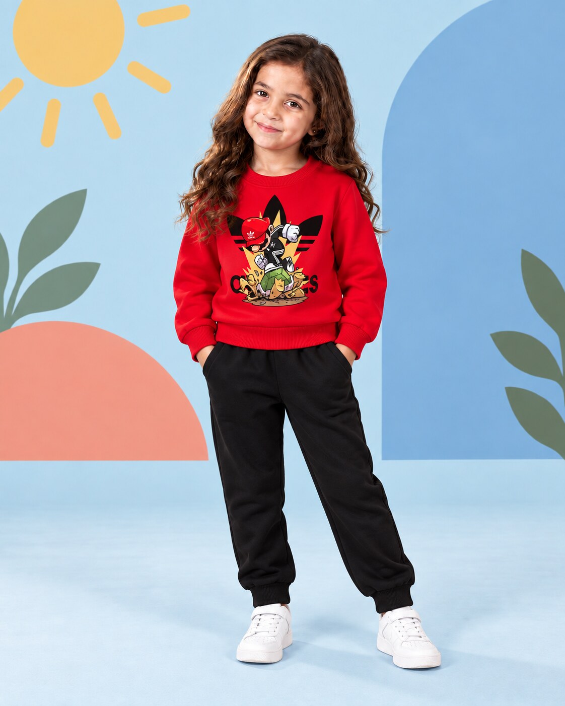 Kids Winter Sweat Shirt Set | Mario + Adidas Printed - front standing