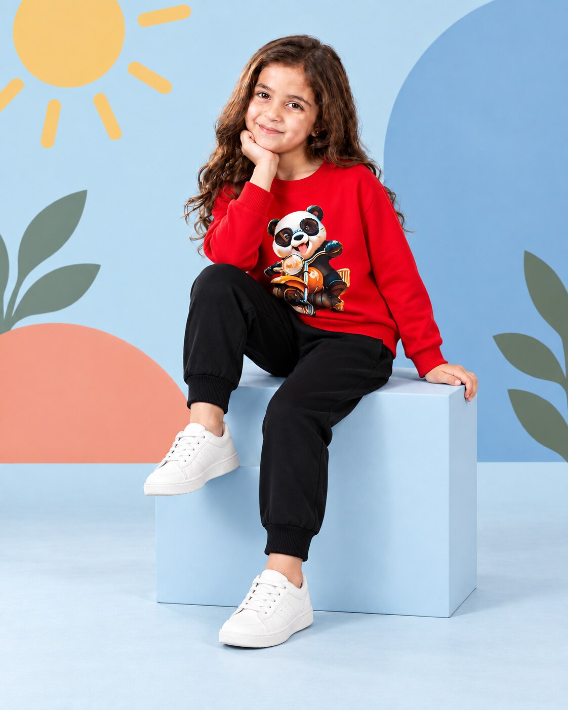 Kids Winter Sweat Shirt Set | Panda Ride On Bike Printed - front standing