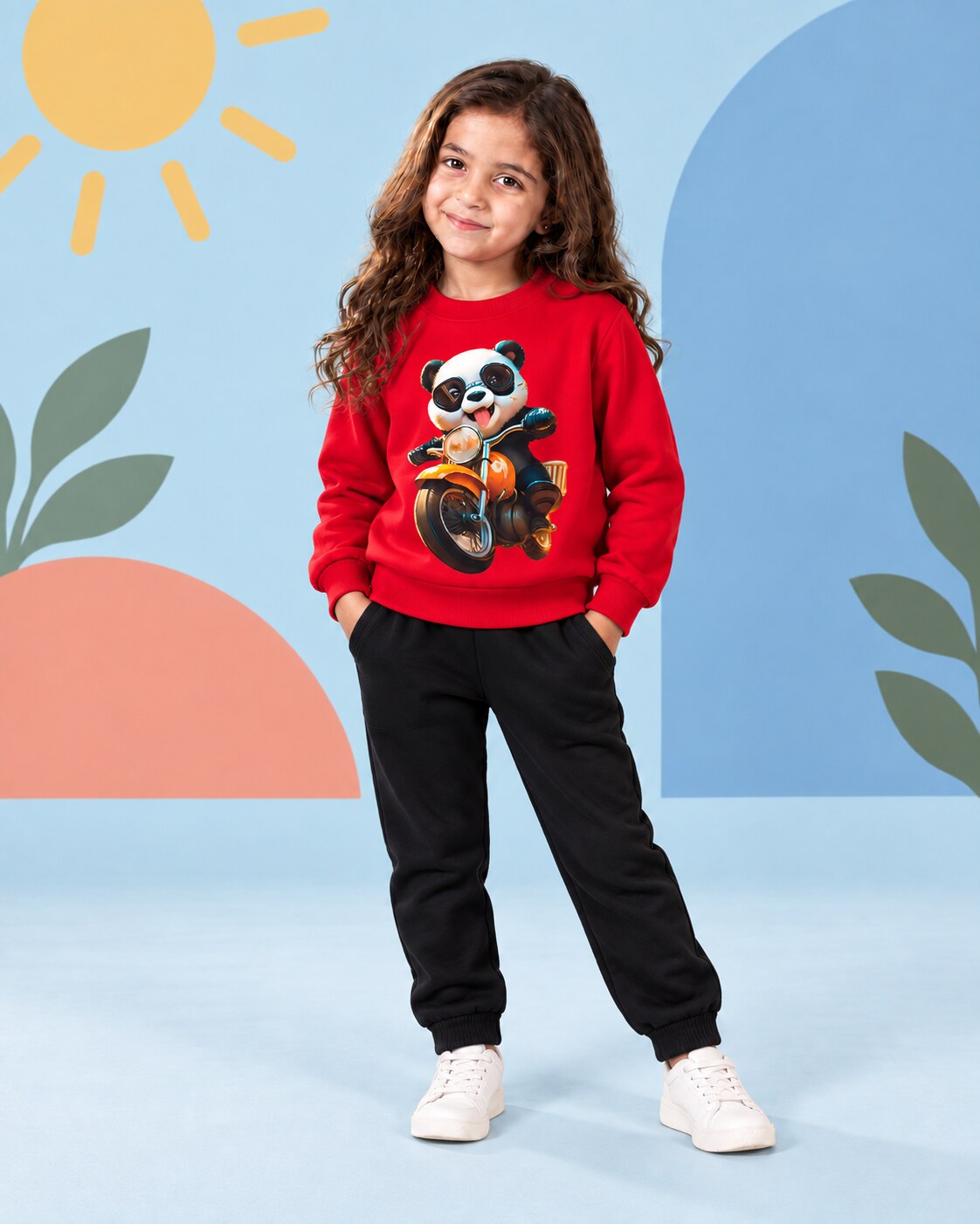 Kids Winter Sweat Shirt Set | Panda Ride On Bike Printed - seated