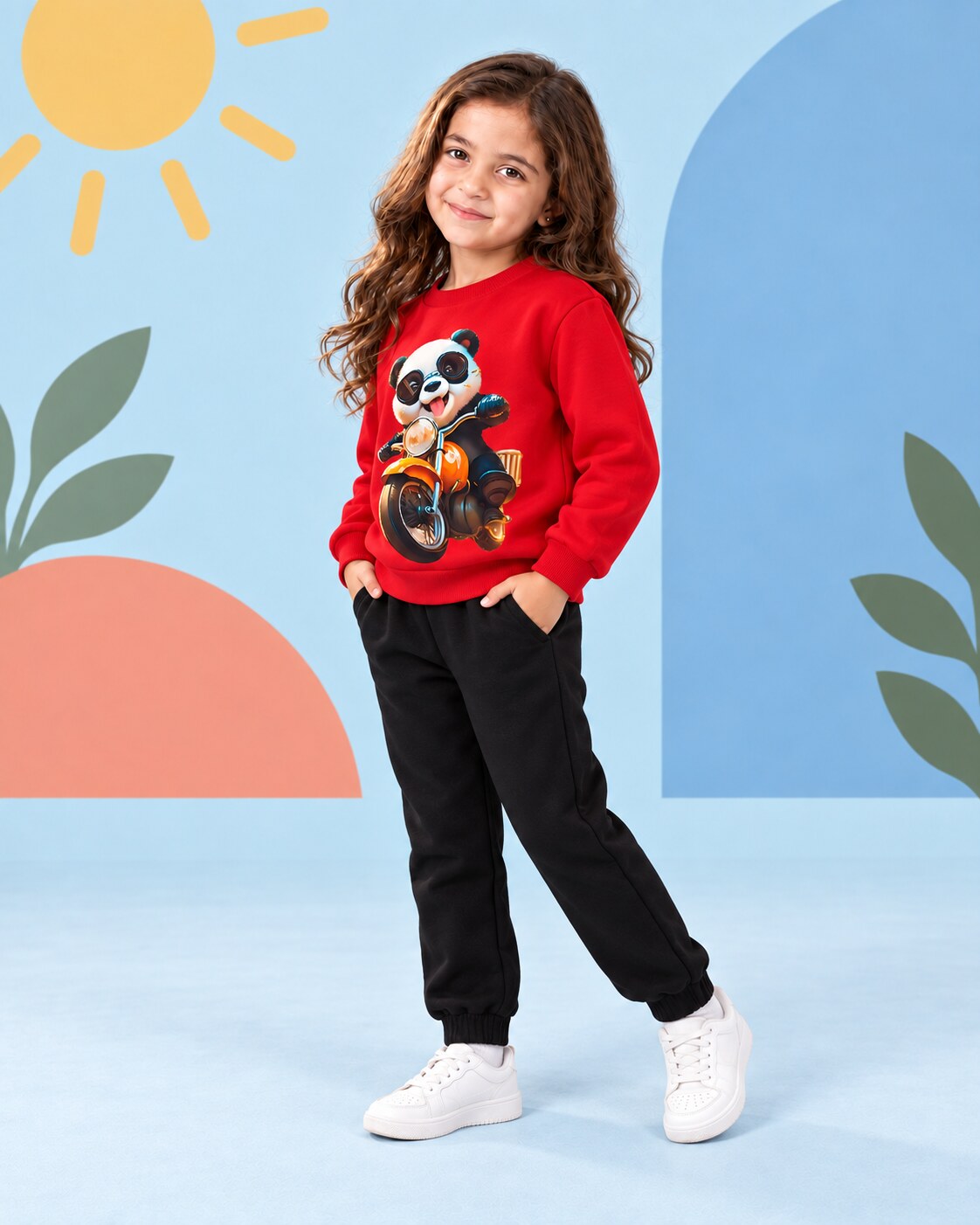 Kids Winter Sweat Shirt Set | Panda Ride On Bike Printed - side angle