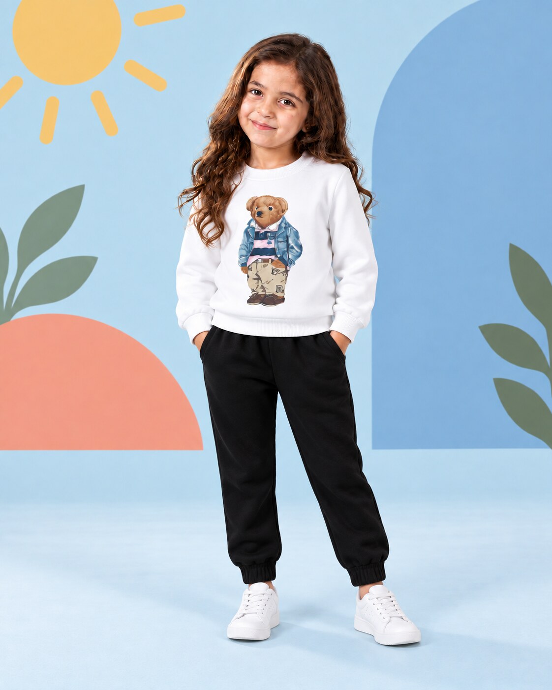 Kids Winter Sweat Shirt Set | Polo Bear Printed - front standing