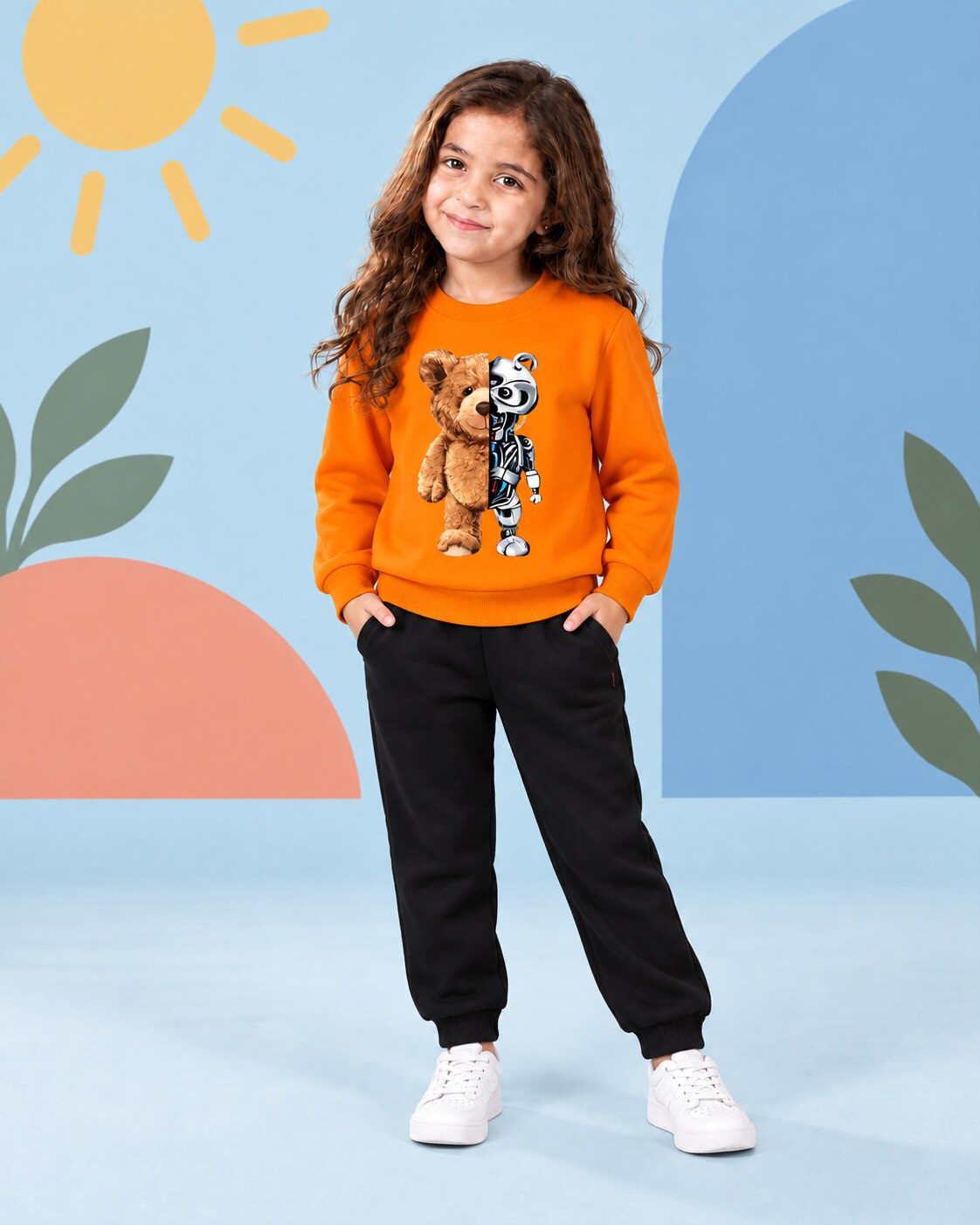 Kids Winter Sweat Shirt Set | Robo Bear Printed - front standing