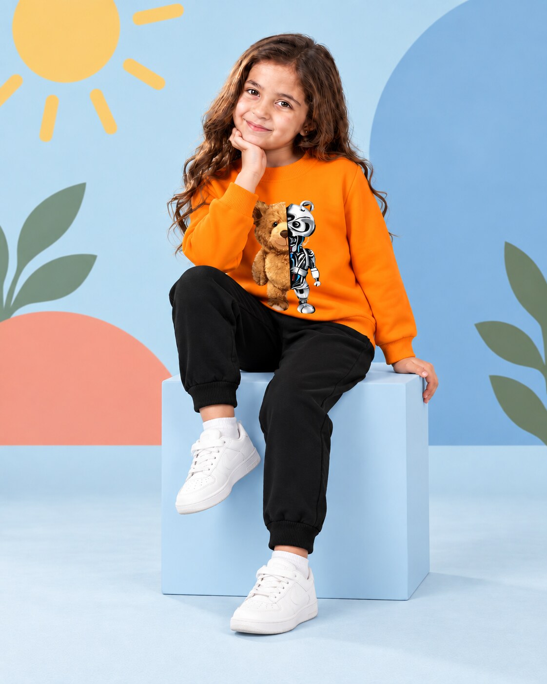 Kids Winter Sweat Shirt Set | Robo Bear Printed - seated