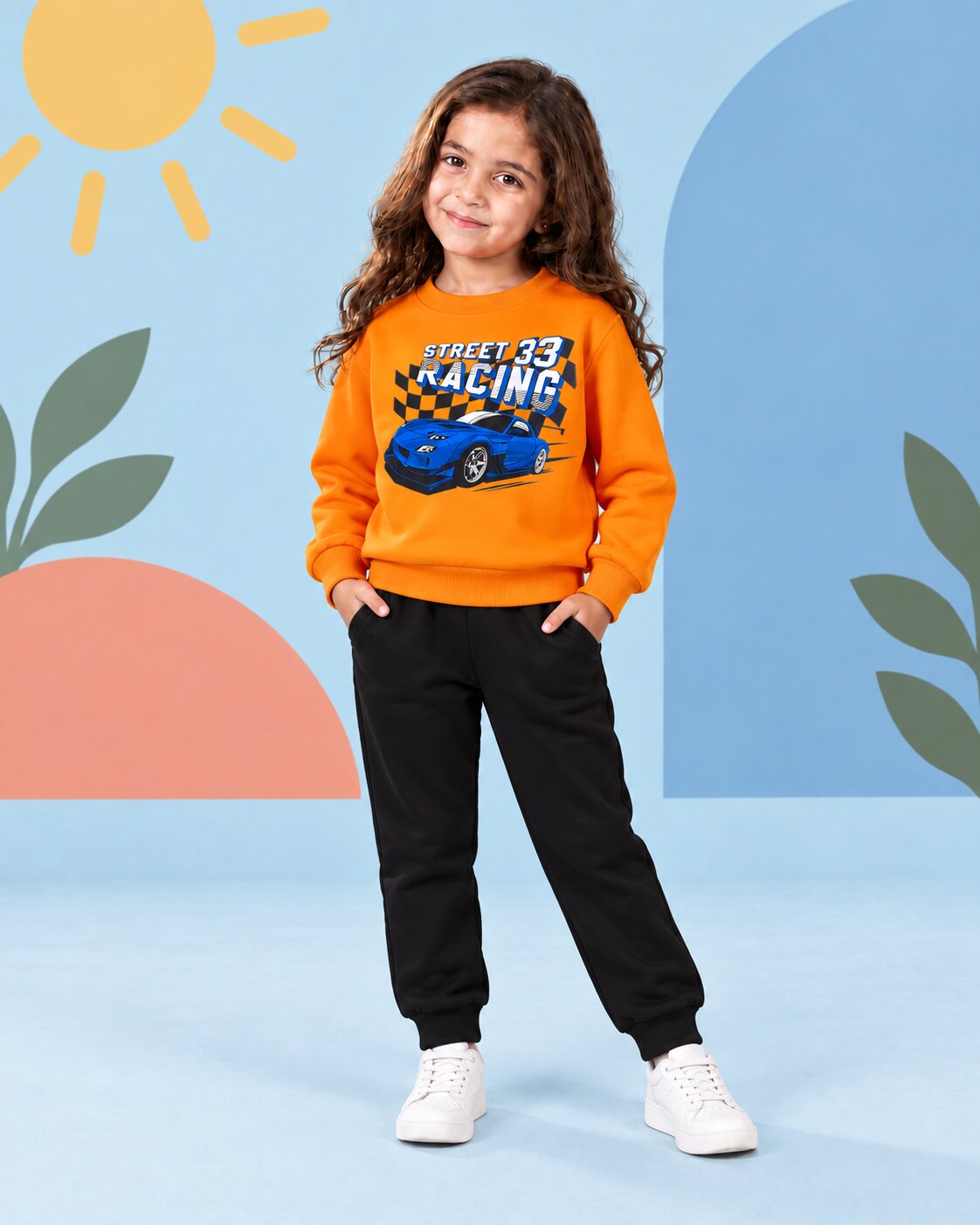 Kids Winter Sweat Shirt Set | Street Racing Printed - front standing