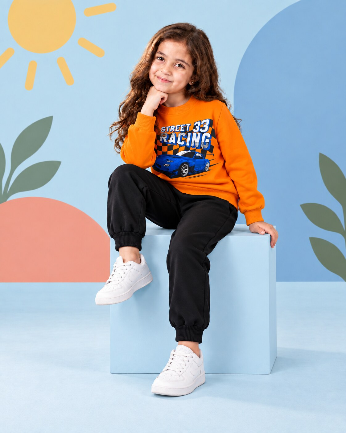 Kids Winter Sweat Shirt Set | Street Racing Printed - seated