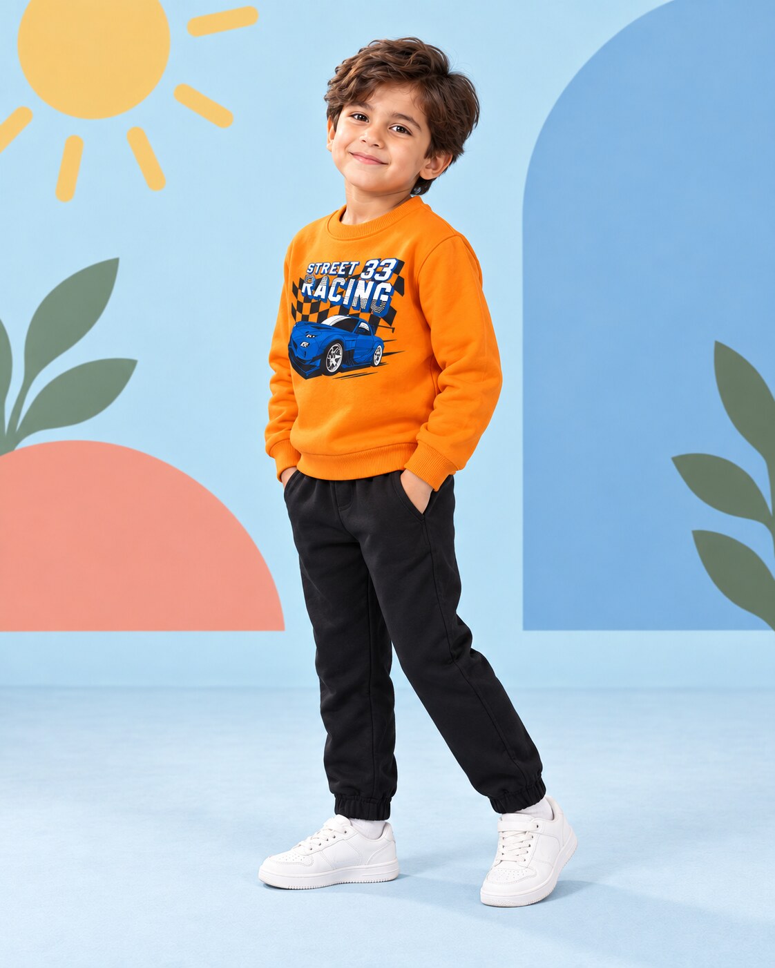 Kids Winter Sweat Shirt Set | Street Racing Printed - side angle