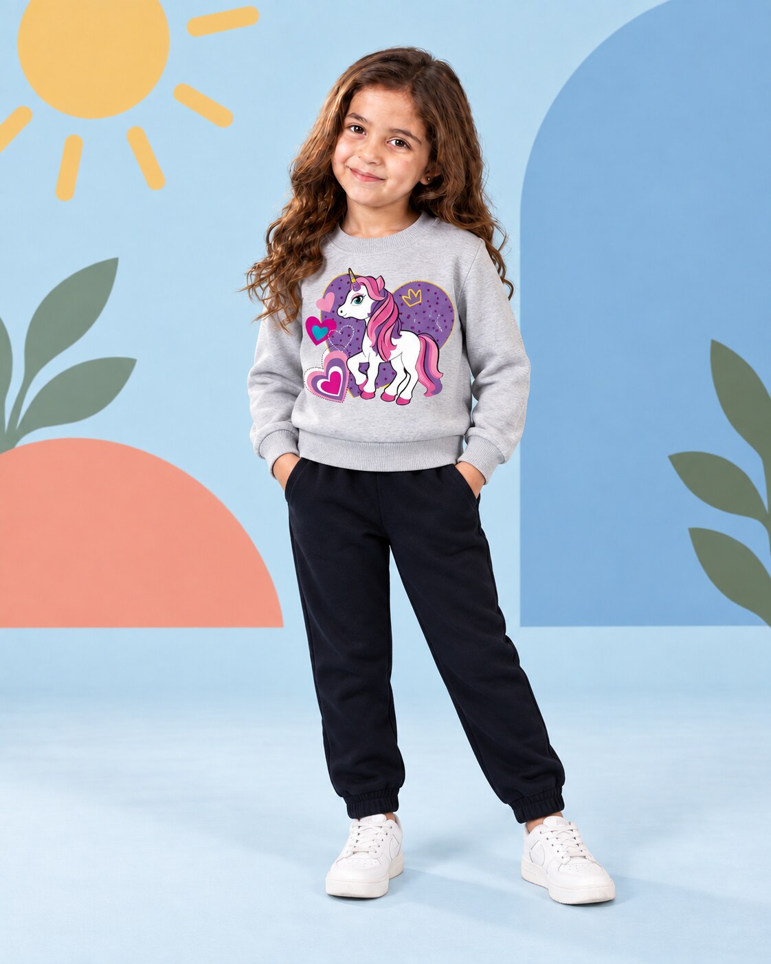 Kids Winter Sweat Shirt Set | Unicorn Printed - front standing
