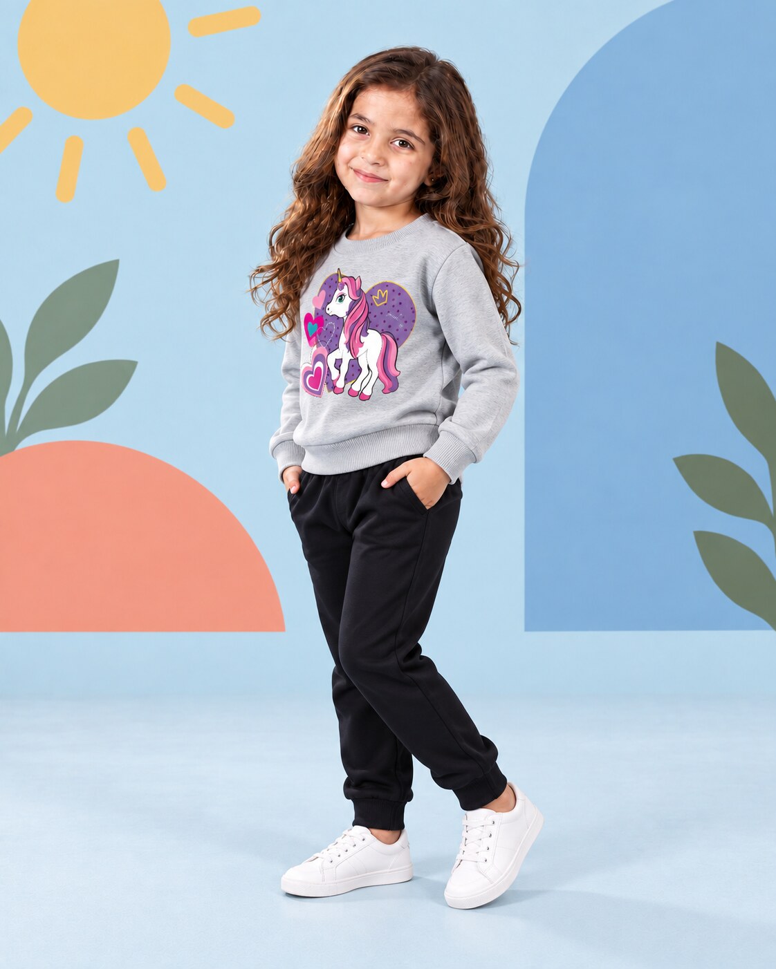 Kids Winter Sweat Shirt Set | Unicorn Printed - side angle