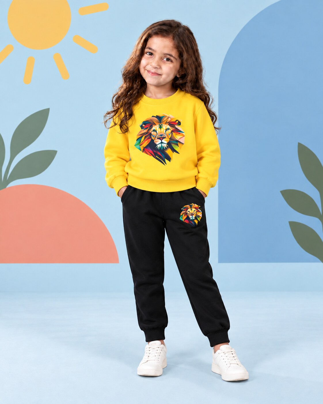 Kids Winter Sweat Shirt Set | Vibrant Lion Printed - front standing