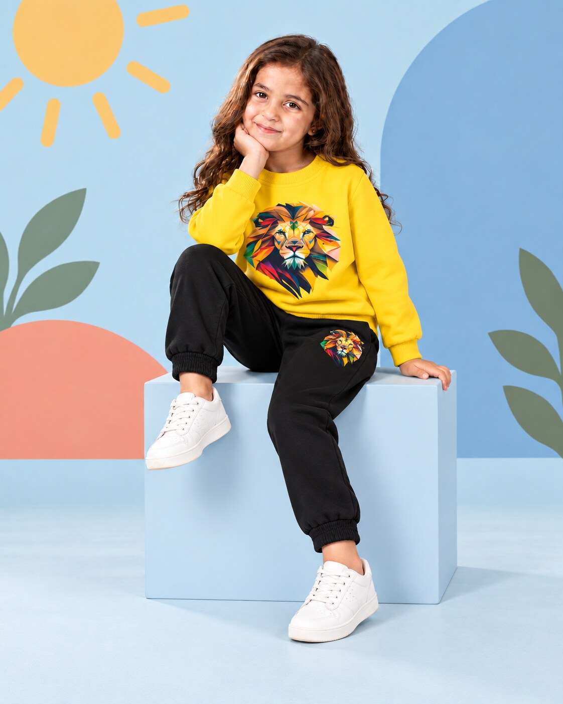 Kids Winter Sweat Shirt Set | Vibrant Lion Printed - seated