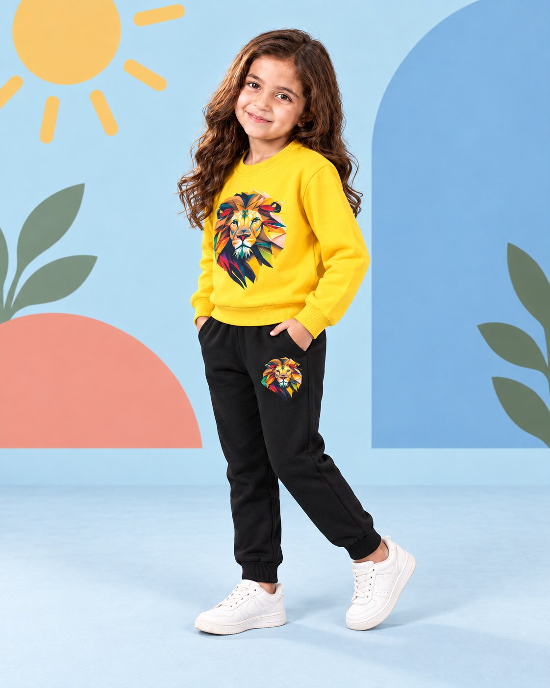 Kids Winter Sweat Shirt Set | Vibrant Lion Printed - side angle