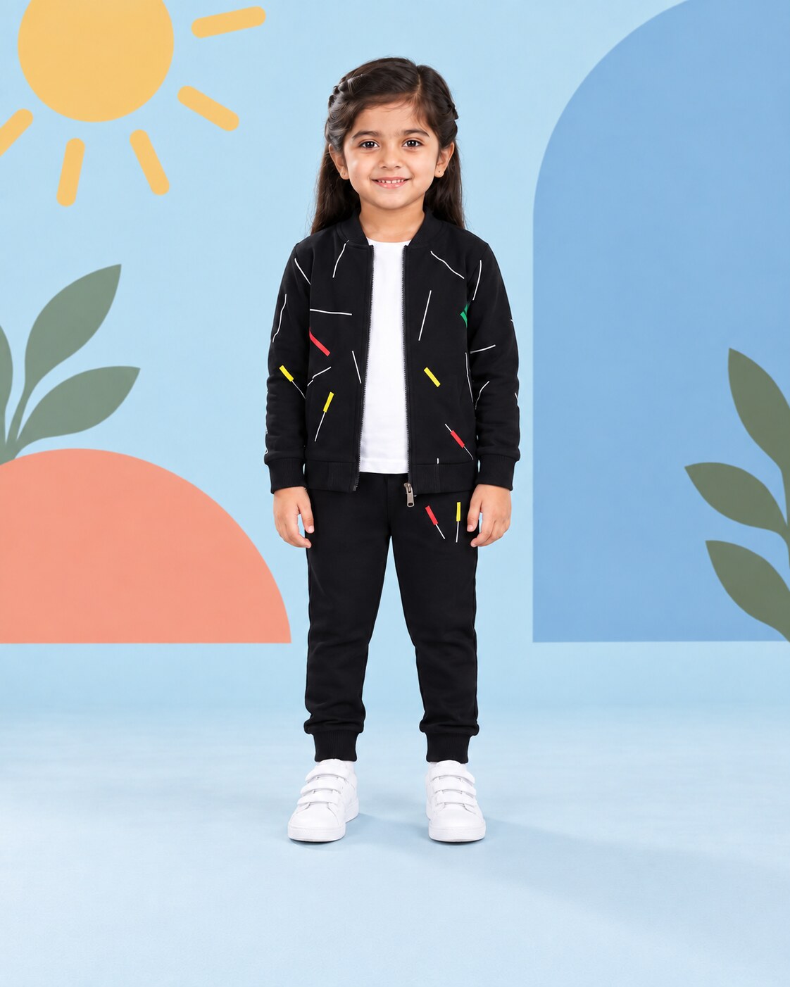 Kids Zipper Winter Tracksuit 3Pcs  - Black - front standing