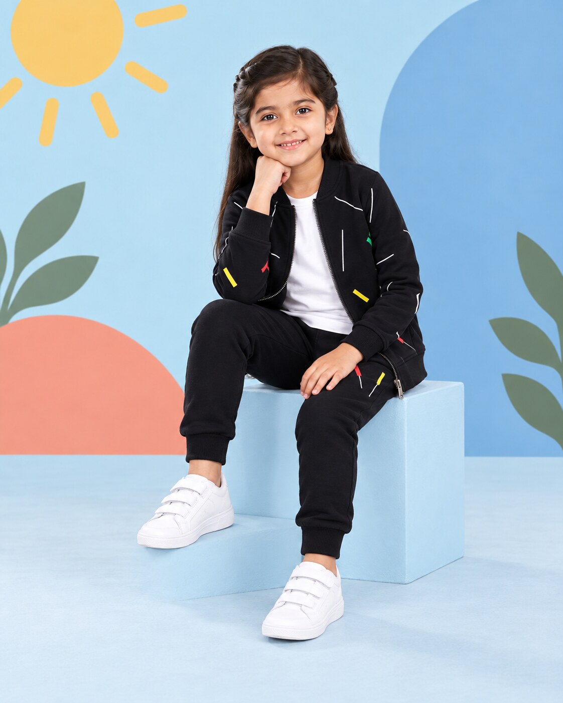 Kids Zipper Winter Tracksuit 3Pcs  - Black - seated
