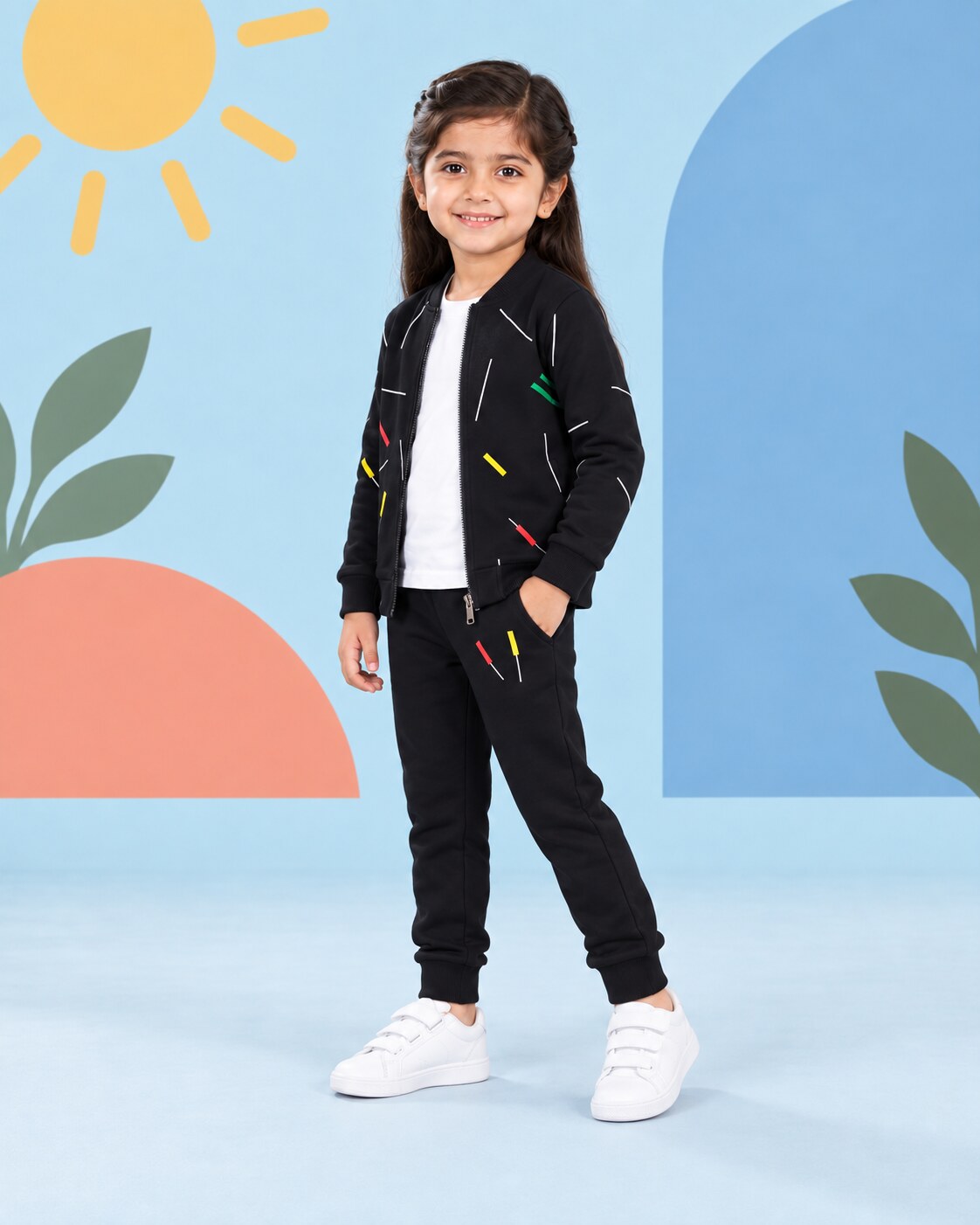 Kids Zipper Winter Tracksuit 3Pcs  - Black - side angle