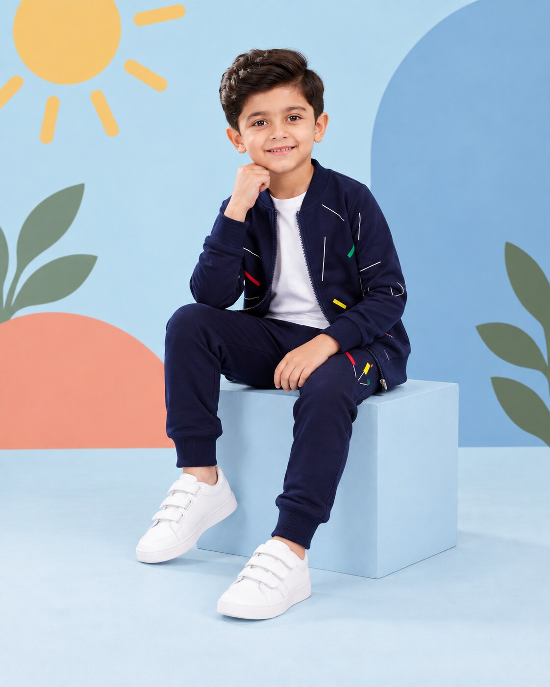 Kids Zipper Winter Tracksuit 3Pcs - Blue - seated