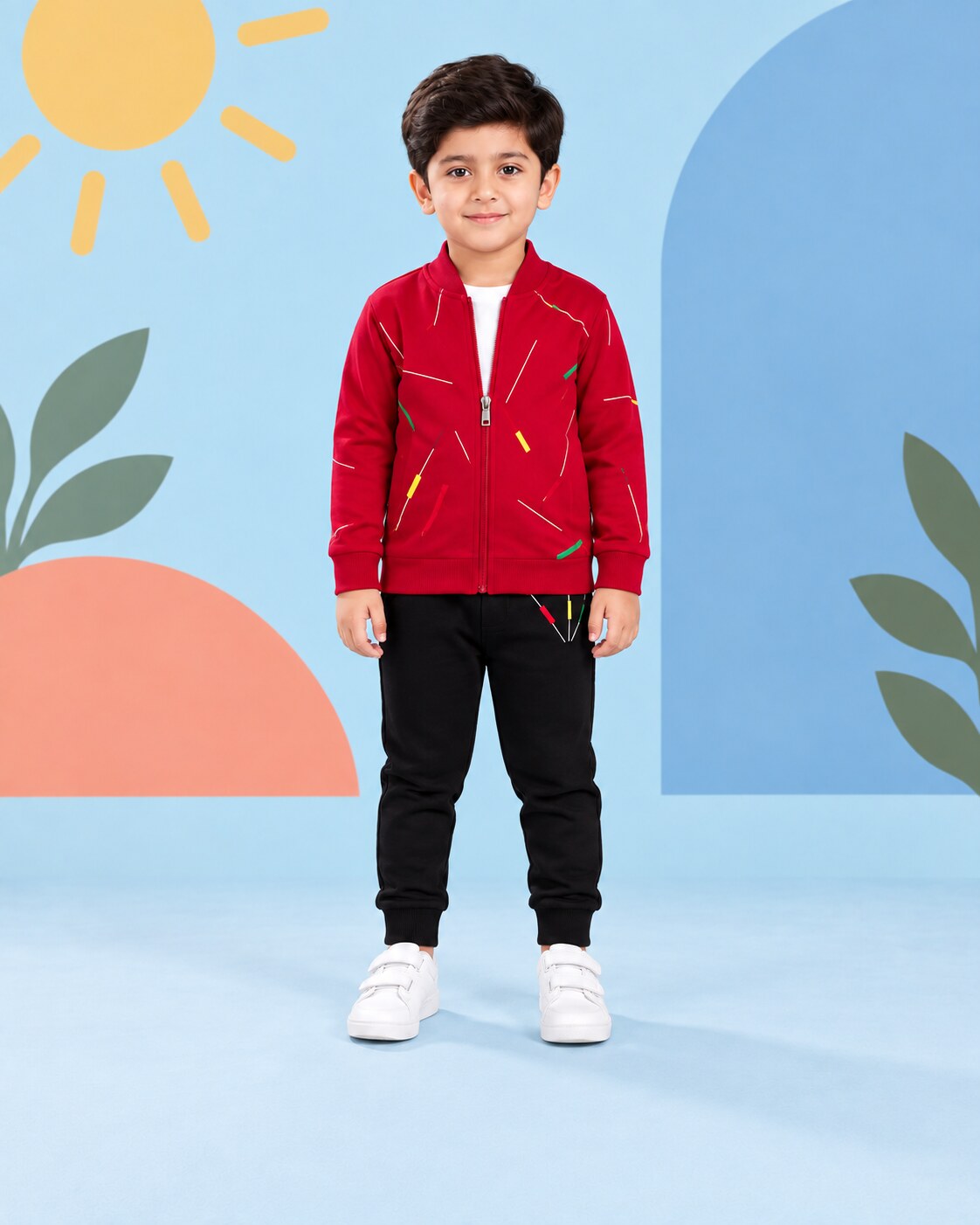 Kids Zipper Winter Tracksuit 3Pcs - Red - front standing