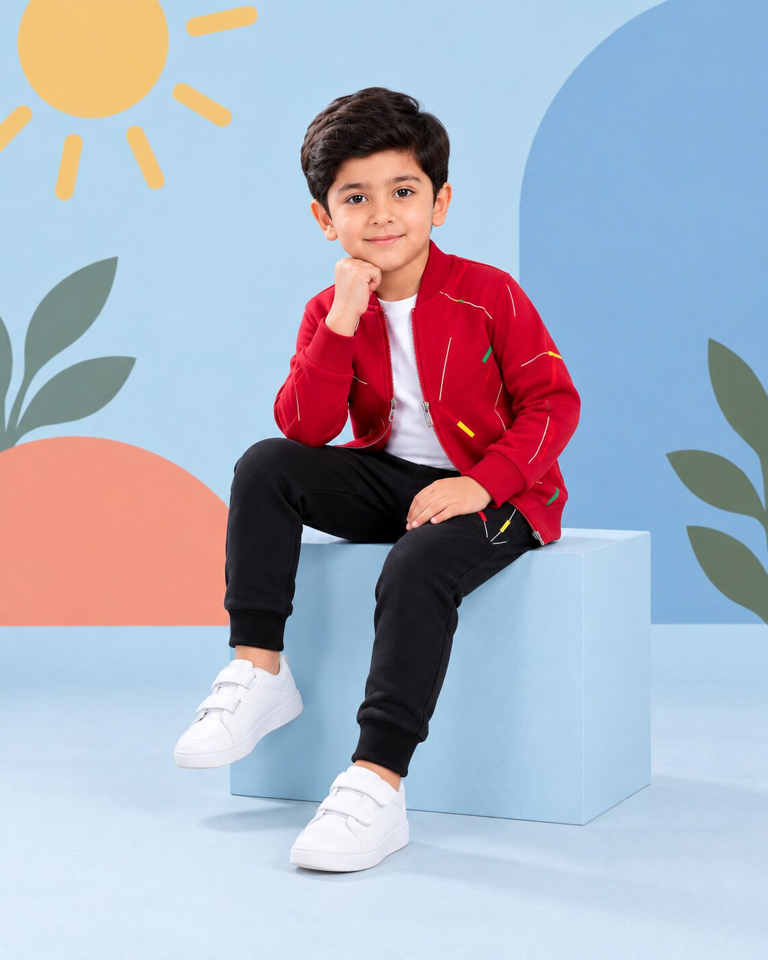 Kids Zipper Winter Tracksuit 3Pcs - Red - seated
