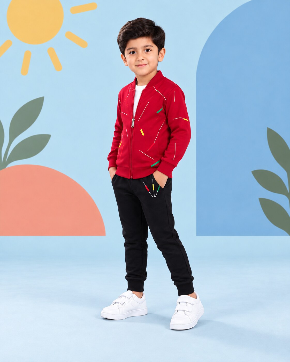 Kids Zipper Winter Tracksuit 3Pcs - Red - side angle