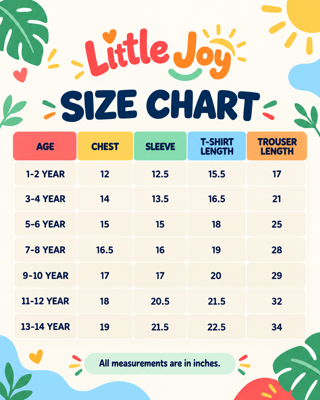 Little Joy kids clothing size chart — measurements in inches