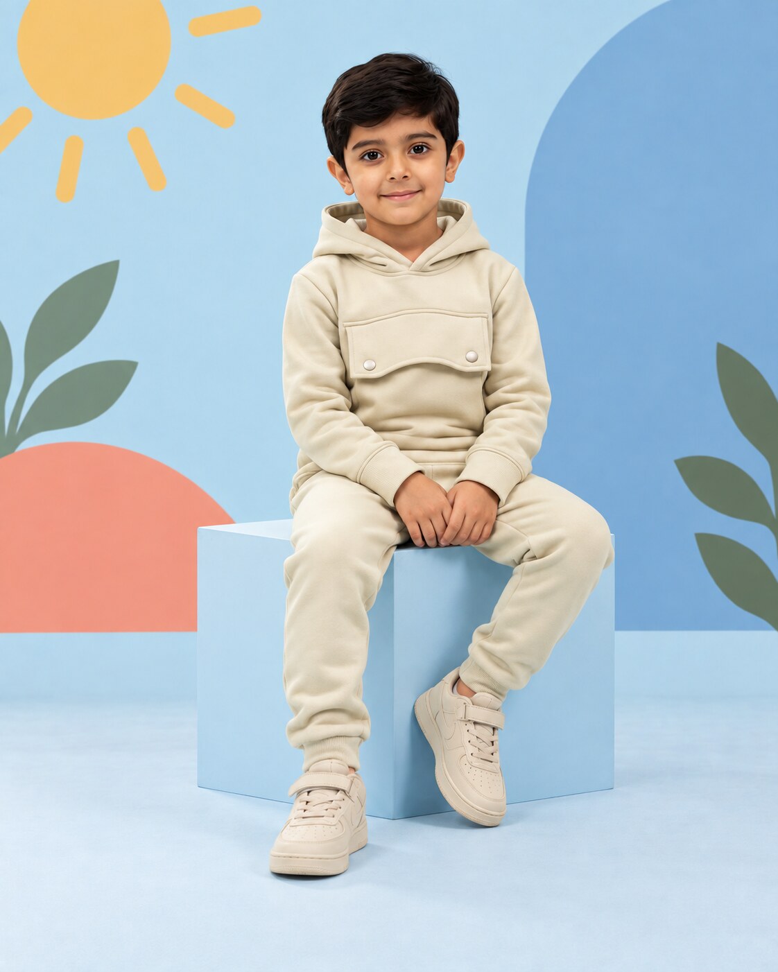Premium Kids Pistachio Fleece Hoodie & Jogger Set - seated